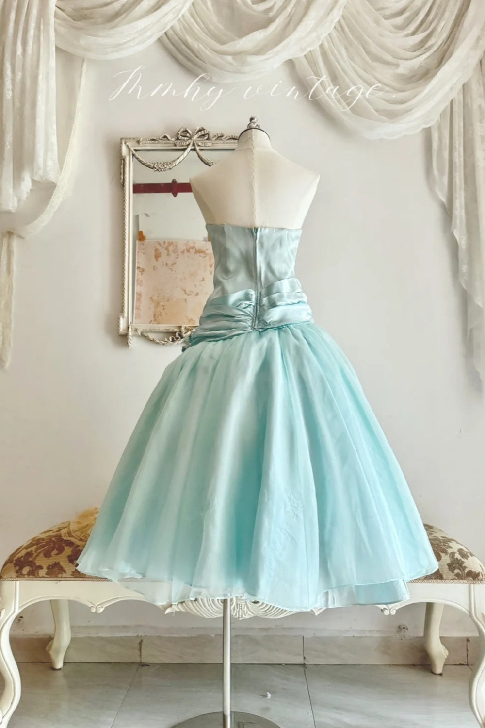 Mint Green Halter Satin Tea-Length Party Dress with Floral Detail NV6545
