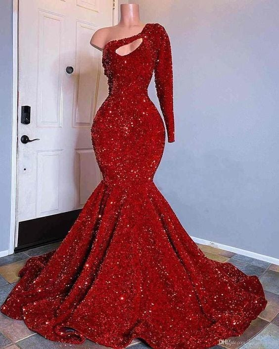 Robe de soirée sirène noire à paillettes rouges pour filles, grande taille, asymétrique, nv109