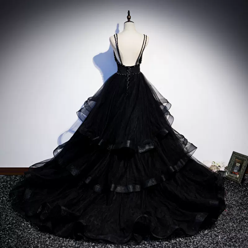 Robe de soirée longue en tulle noir nv54