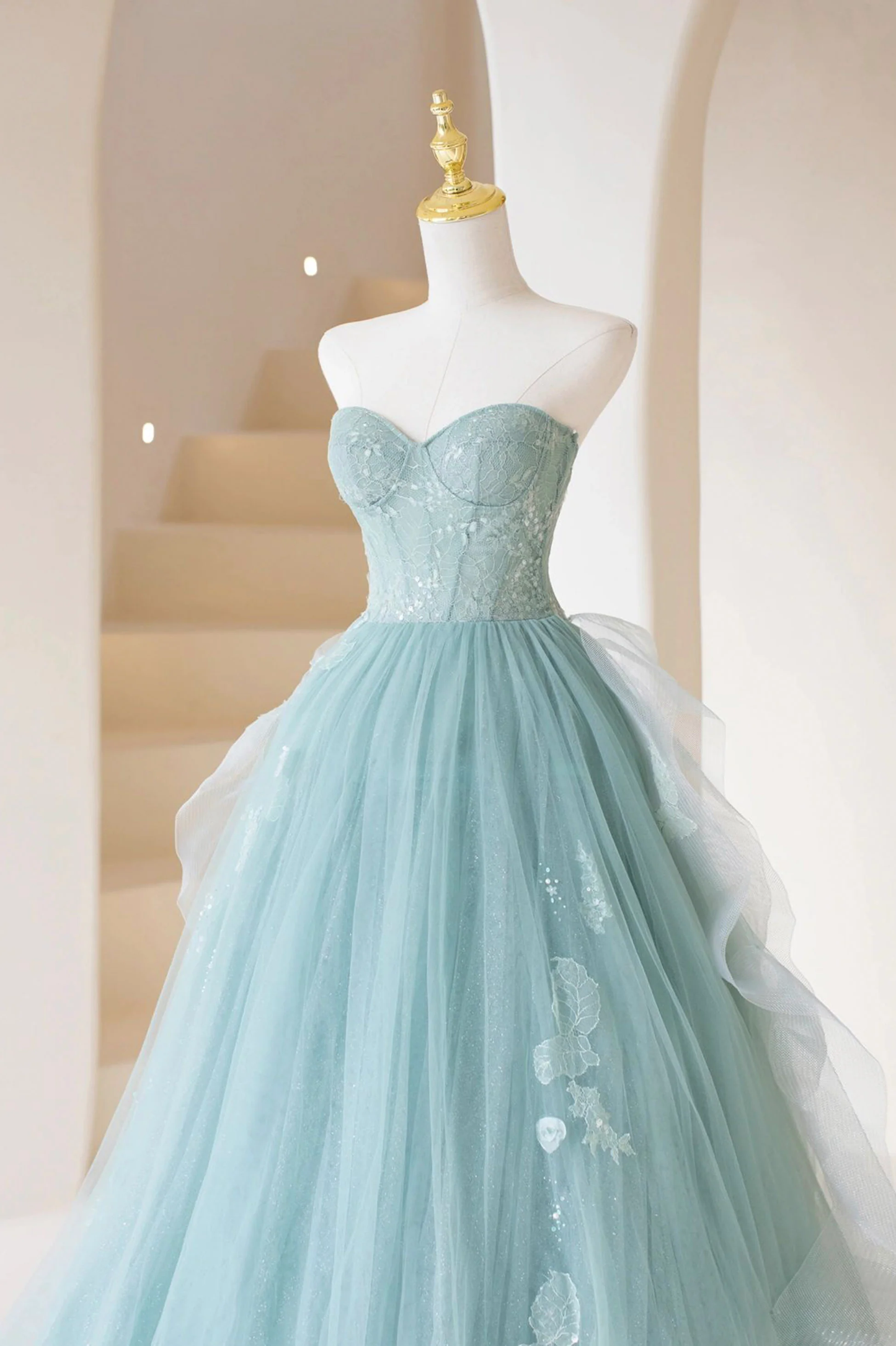 Robe de bal longue sans bretelles en tulle, robe de soirée formelle en dentelle trapèze nv604