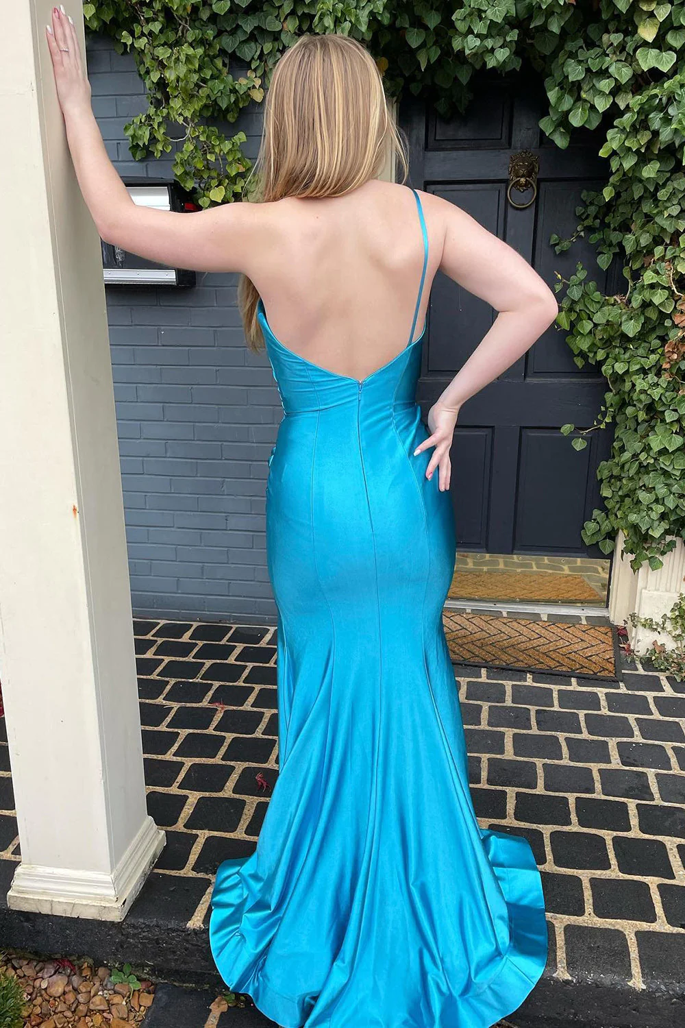 Sheath One Shoulder Sky Blue Long Prom Dress with Split Front nv673