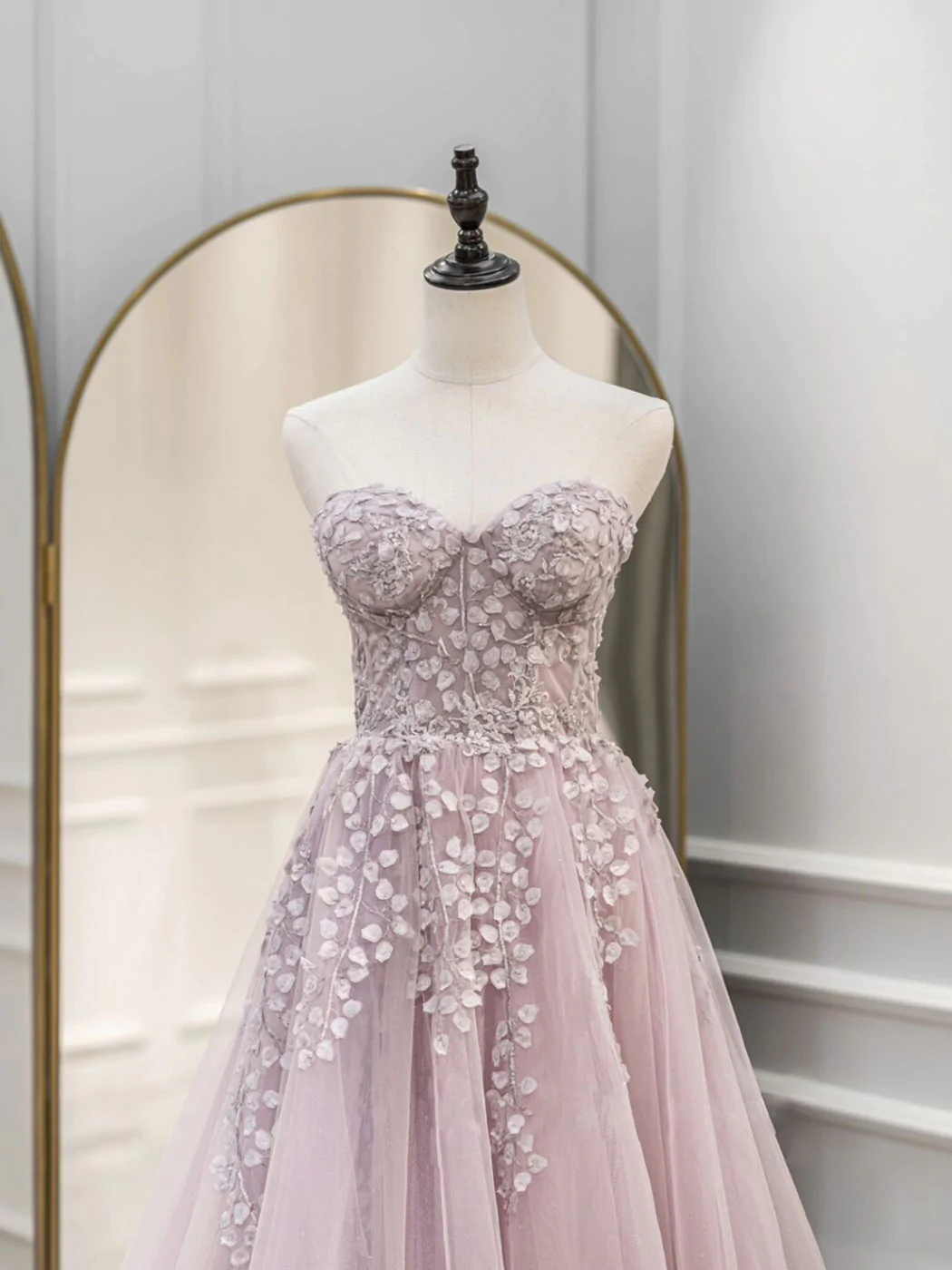 Robe de bal longue rose en tulle et dentelle à col en cœur, coupe trapèze, robes de soirée roses nv603