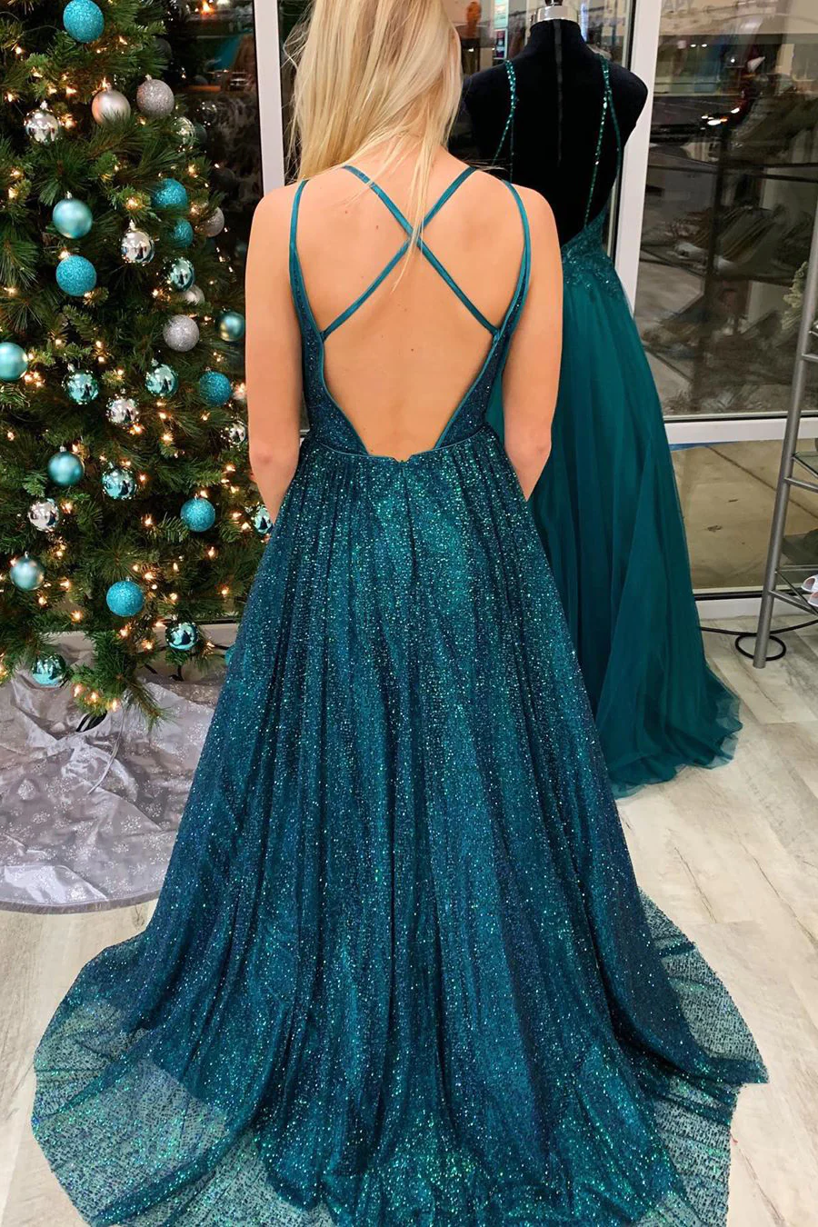 Robe de bal longue à paillettes, coupe trapèze, bleu sarcelle, avec bretelles spaghetti nv704