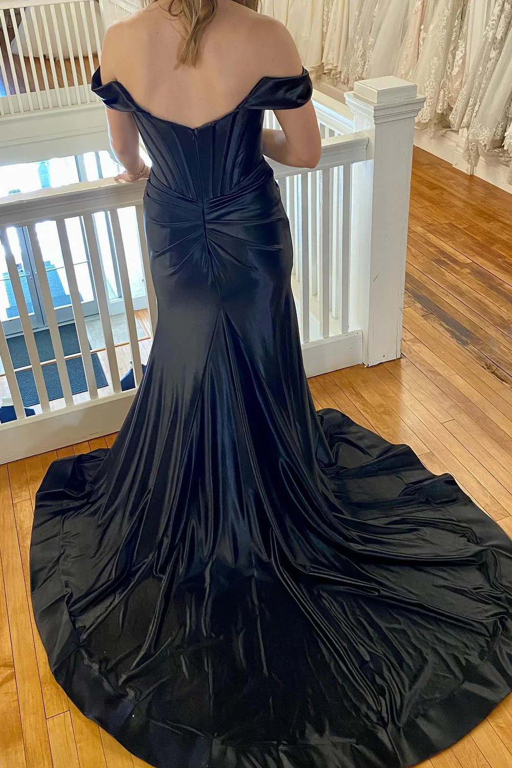 Black Corset Off the Shoulder Long Prom Dress with Slit nv684