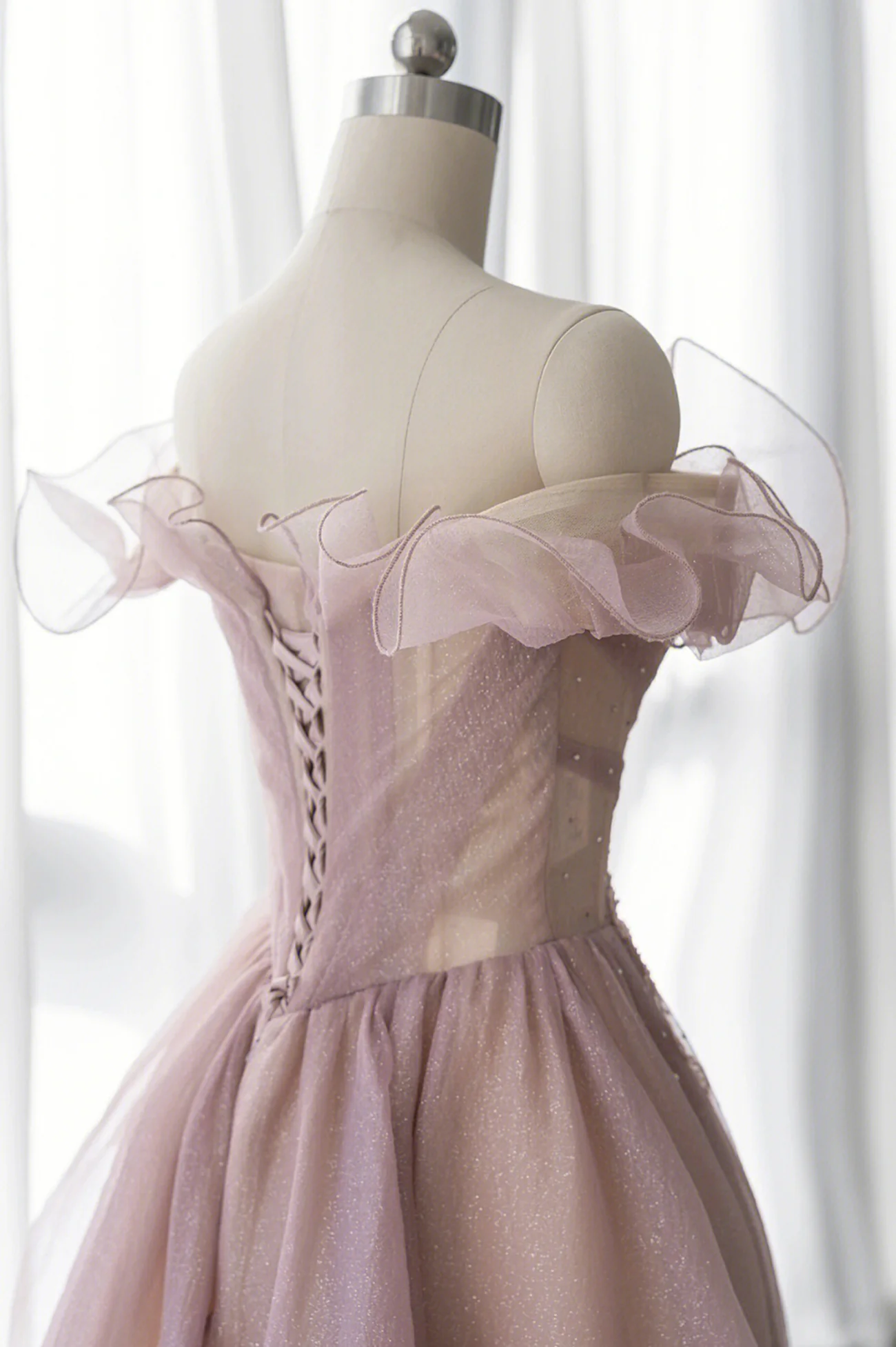 Robe de bal longue en tulle rose, jolie robe de soirée à épaules dénudées nv600