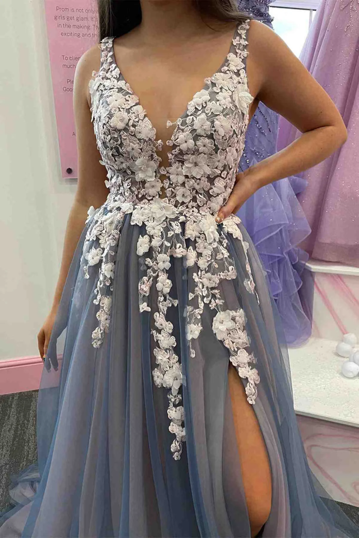 Elegant V Neck Smoke Gray Tulle Long Prom Dresses with Lace Flowers nv711