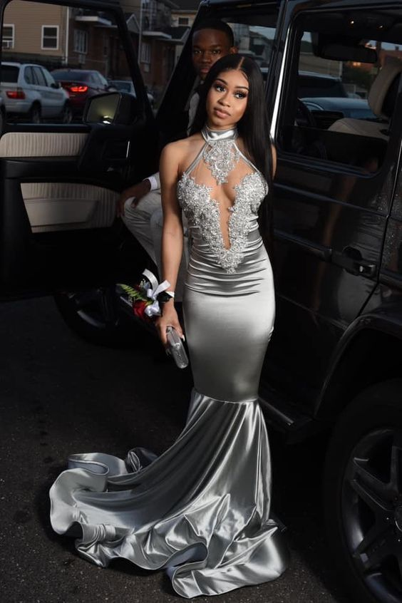 ilver Mermaid Halter Satin Applique Trumpet Long Prom Formal Gown,Mermaid Prom Dress nv871