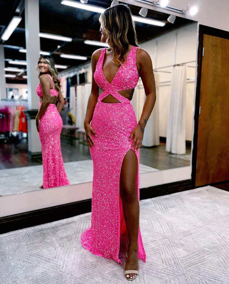 Charming Glitter Mermaid V Neck Hot Pink Sequins Prom Dresses with Sli