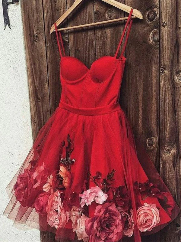 Cute Sweetheart Neck Burgundy Prom Dresses with Flowers, Burgundy Homecoming Dresses nv539