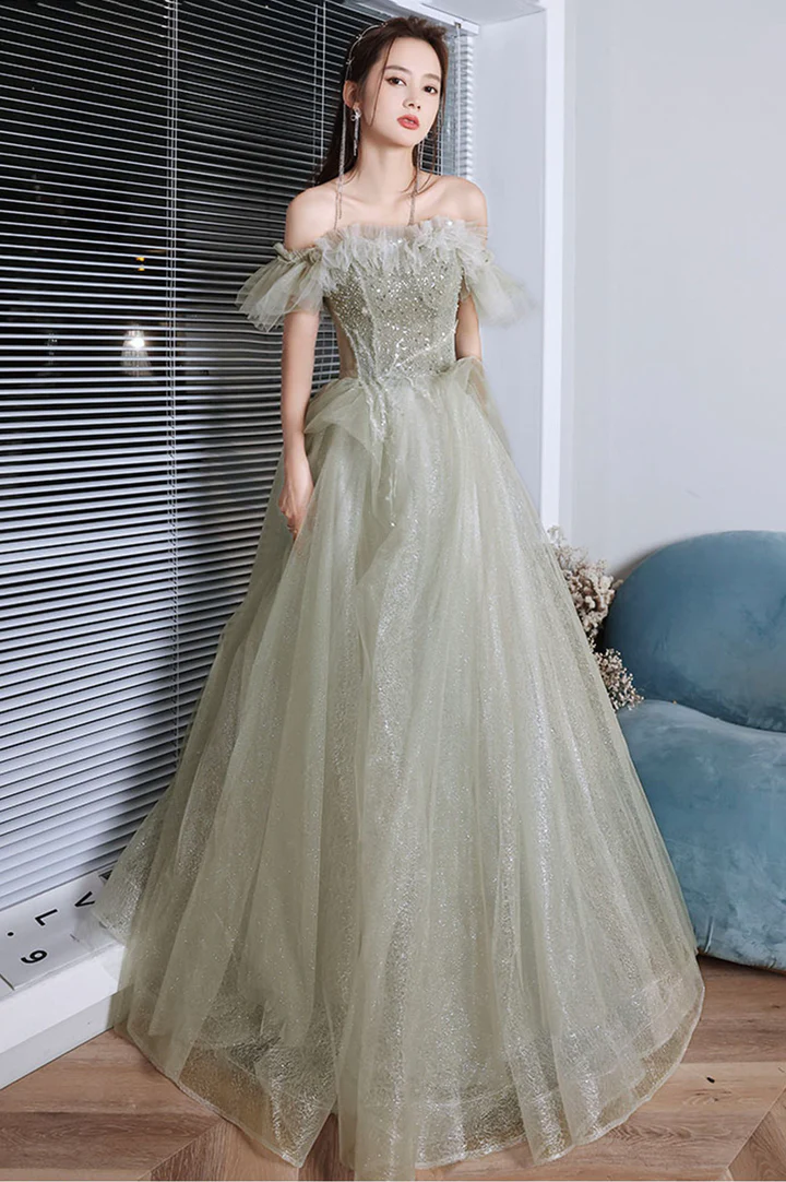 Green Tulle Beaded Long Prom Dress, A-Line Formal Evening Dress nv452 –  NiceVestidos