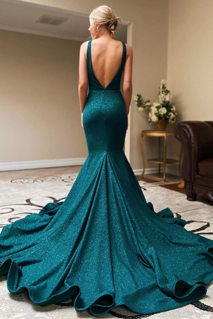 Robe de soirée longue style sirène à col en V bleu sarcelle foncé avec fente nv963