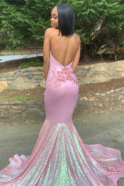 ALLURING HALTER APPLIQUE GLITTERING SEQUINS PROM DRESSES RUFFLES OPEN BACK CHIC MERMAID SLEEVELESS EVENING DRESSES nv899