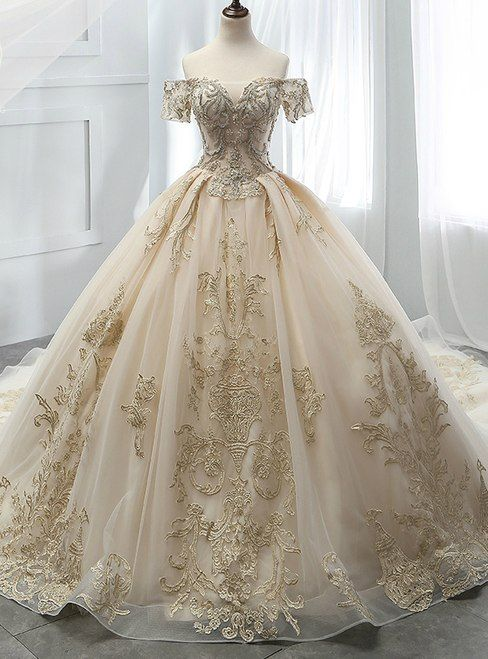 Robe de mariée en tulle et dentelle champagne à la mode, robe de bal, robe de bal nv254