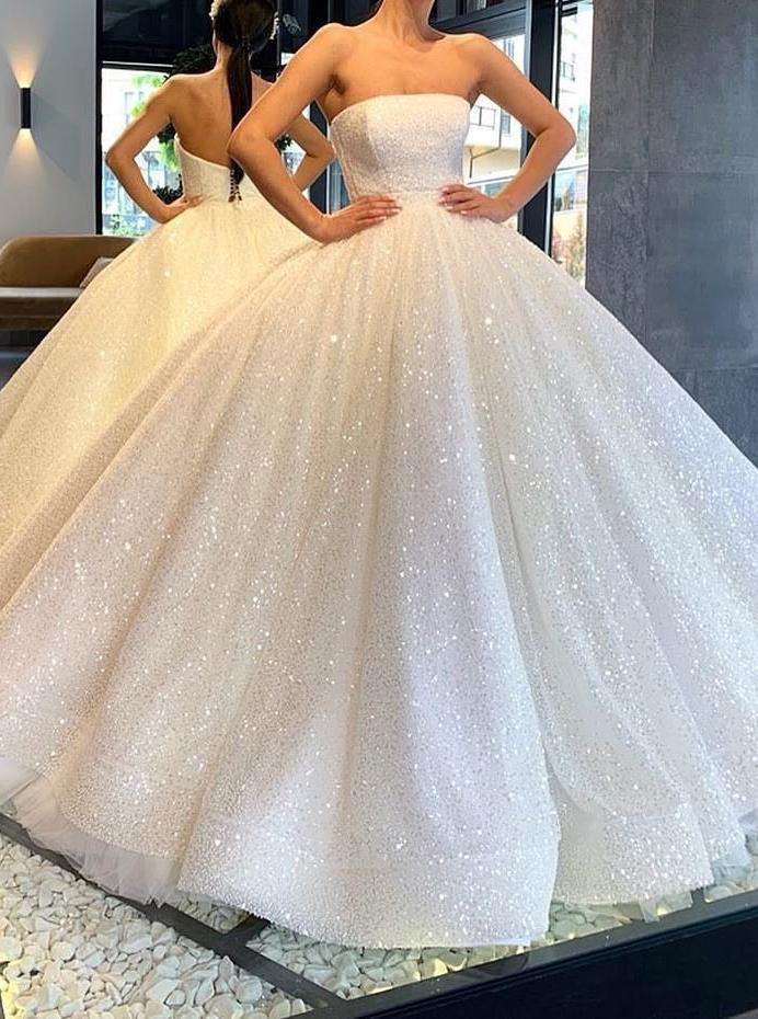 Glitter Strapless Ball Gown Wedding Dresses Sparkly Bridal Gown Prom D