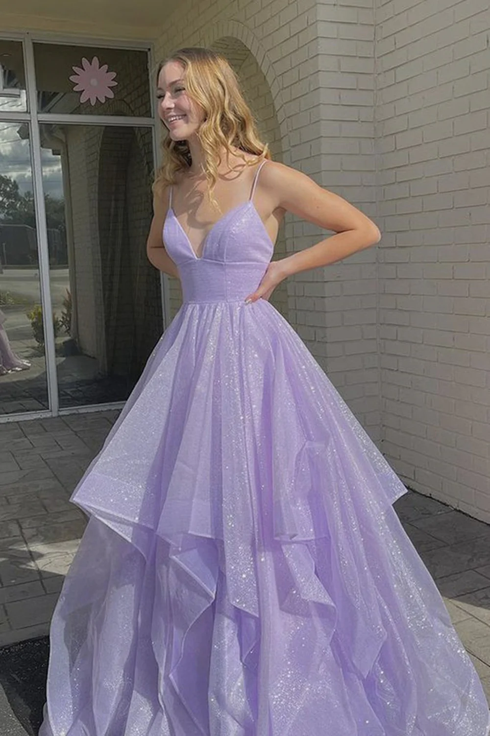 Shiny Sequins V Neck Purple Long Prom Dress Fluffy Purple Formal Evening Dress Sparkly Purple Ball Gown nv129