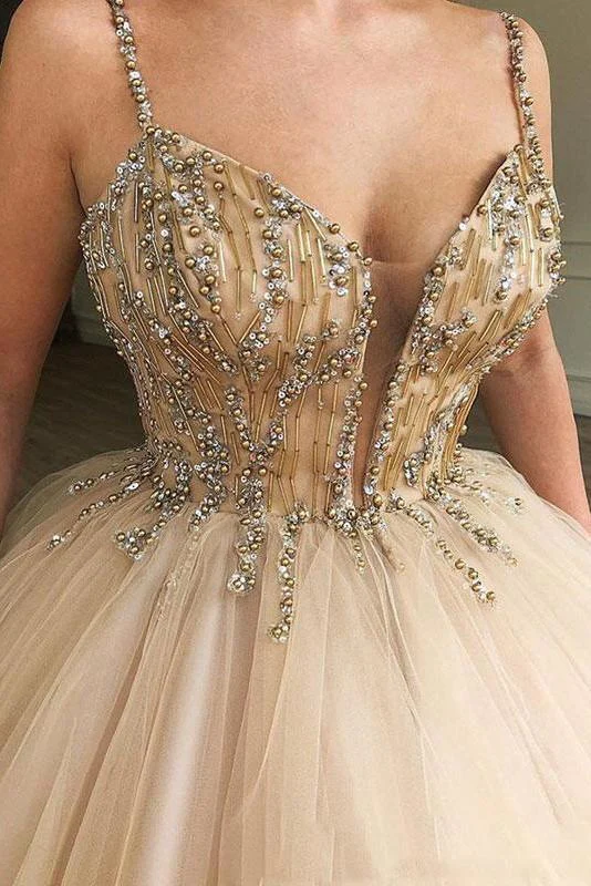 Robe de bal longue en tulle à bretelles spaghetti scintillantes et perles nv196