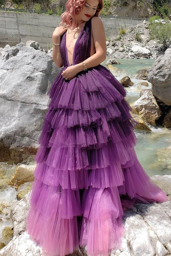 purple tiered prom dress Astrid Lilac A Line Off the Shoulder Tiered Tulle Prom Dress With Slit Lilac / 10