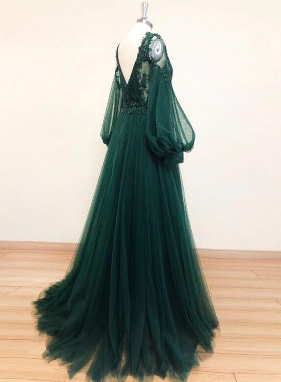 Beautiful Green Tulle Long Sleeves Wedding Party Dresses, Green Prom Dresses Party Dress nv453