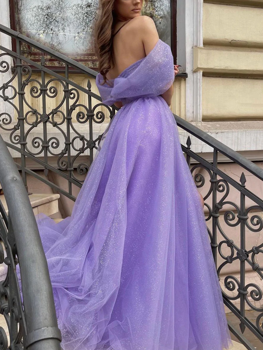 Purple off shoulder tulle long prom dress, A line tulle formal dress nv443