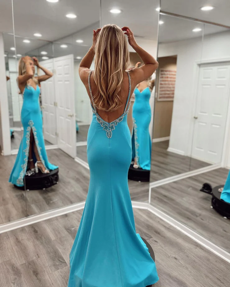 Cute Mermaid V Neck Blue Satin Long Prom Dresses with Slit nv954