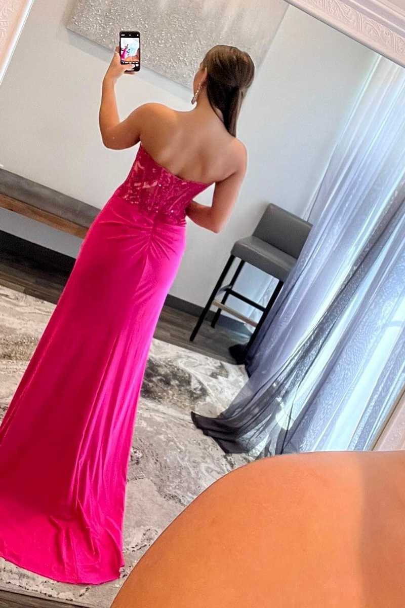 Sweetheart Corset Lace Hot Pink Long Prom Dress with Slit nv345