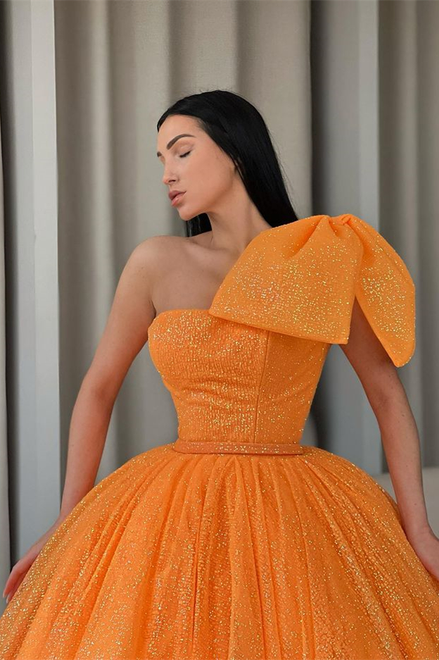 Bellasprom Ballkleid Orange Ballkleid Pailletten Mit Schleife Ein Schulter nv558