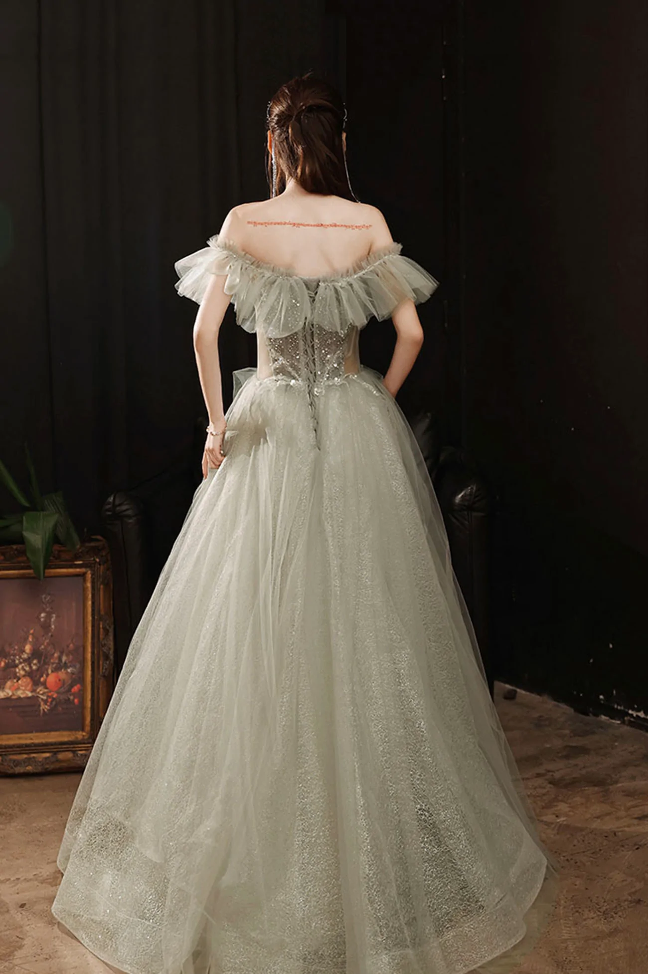 Green Tulle Beaded Long Prom Dress, A-Line Formal Evening Dress nv452