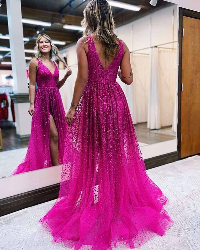 Beading Fuchsia V-neck Pleated Tulle Prom Dress with Side Slit nv565