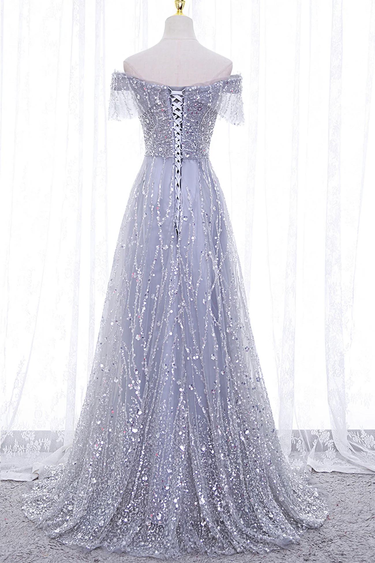 Robe de soirée longue en tulle à paillettes, coupe trapèze, épaules dénudées, nv817