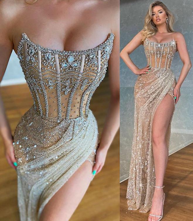 Golden Gorgeous Luxury Sexy Sequins Beaded Crystal High Slit Long Formal Prom Dress Prom Dress Evening Dress Party Dress nv100