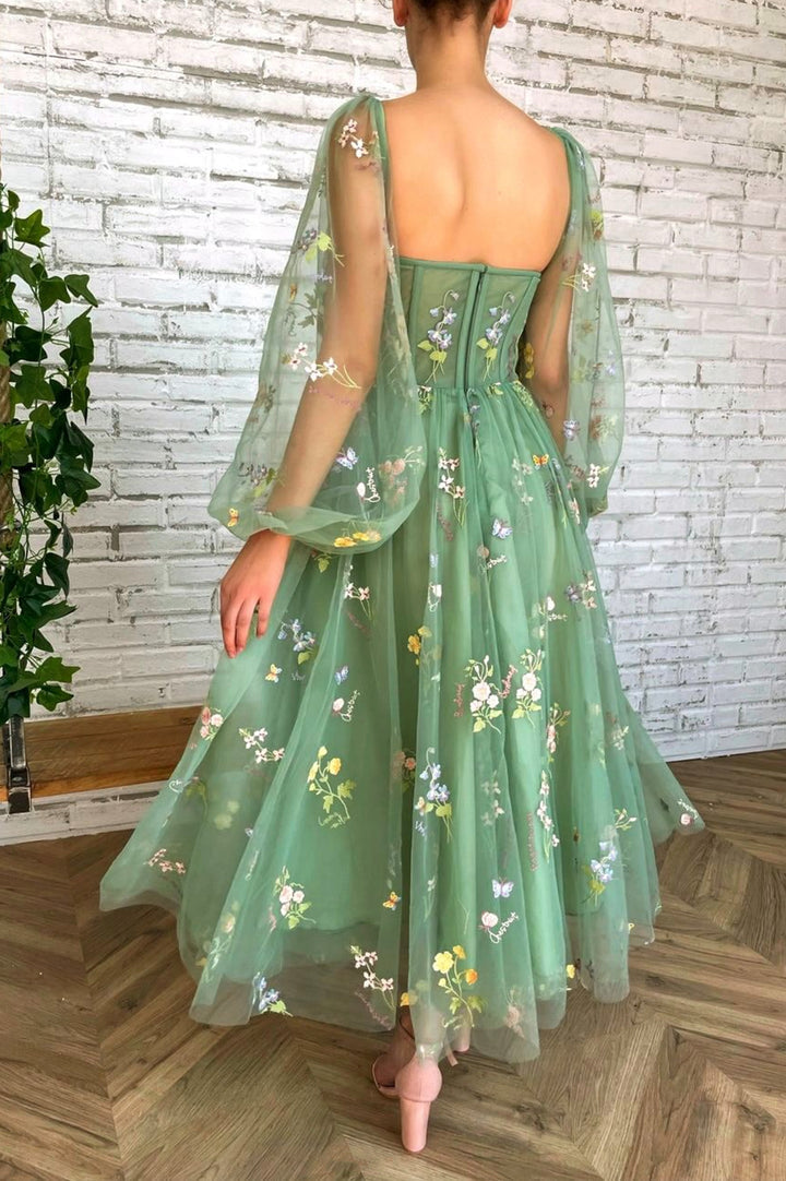 Green elegant applique floral midi tulle ball gown evening dress nv76