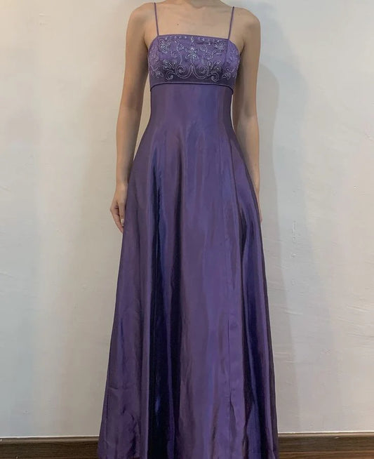 Purple Delicate Floral Beading Shiny Spaghetti Straps Elegant Fashion A-Line Long Tulle Ball Gown Evening Dress Party Dress Prom Dress nv3798
