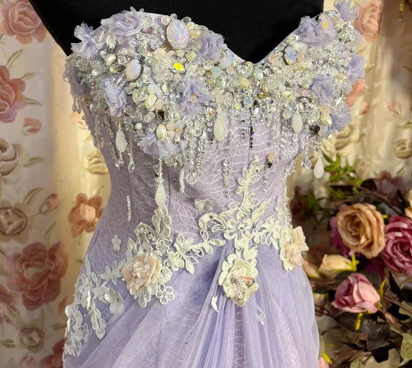 Lilac Vintage Exquisite Beading Elegant Off-the-shoulder Long Tulle Ball Gown Evening Gown Party Dress nv4159
