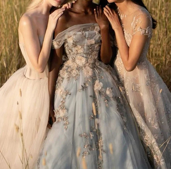 Mist Blue Garden Off-Shoulder 3D Floral Ball Gown Evening Dress NV6565