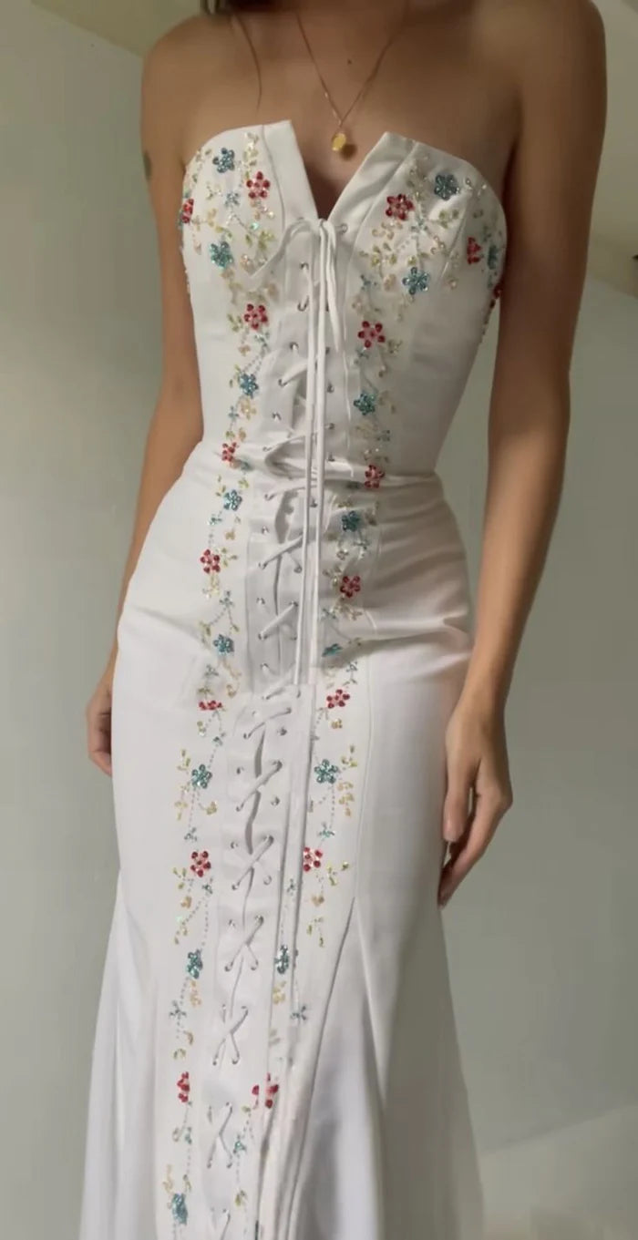 White off-the-shoulder maxi dress with delicate florals, elegant mermaid evening gown nv5335