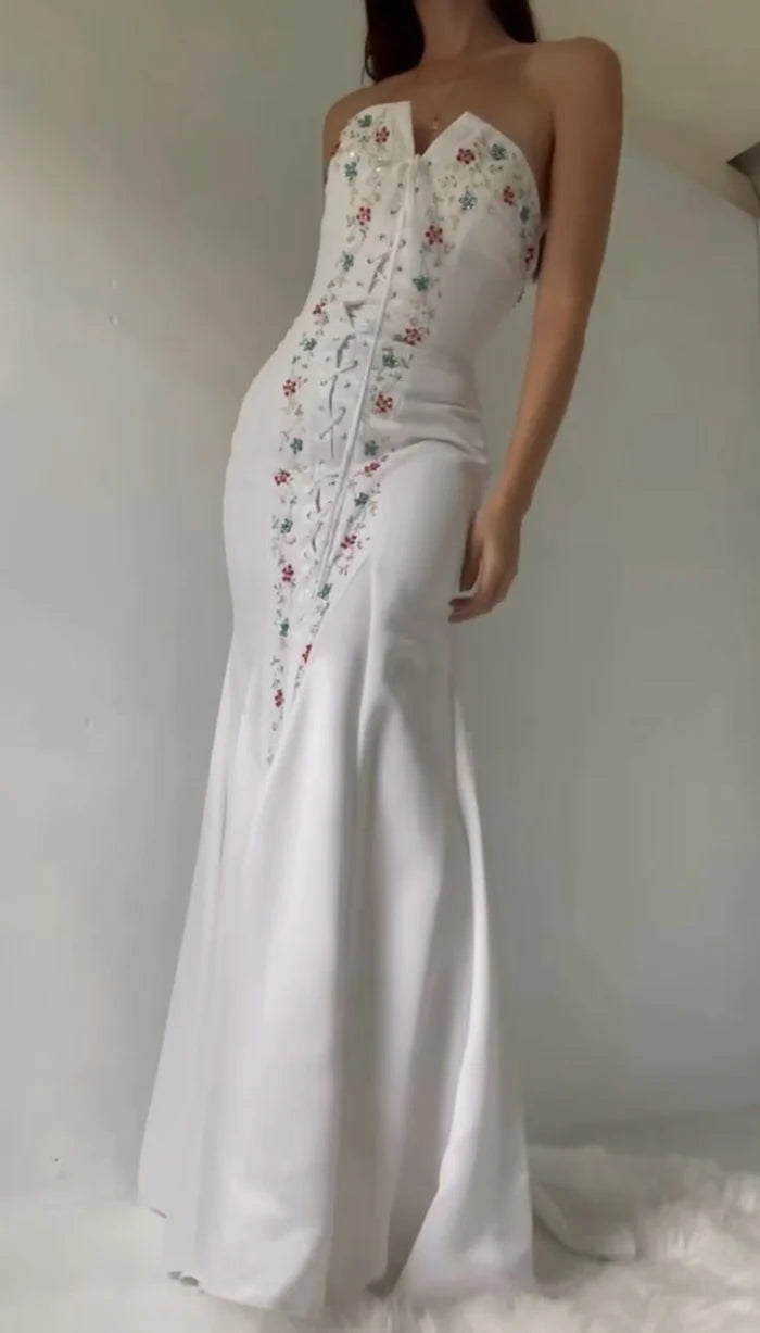 White off-the-shoulder maxi dress with delicate florals, elegant mermaid evening gown nv5335