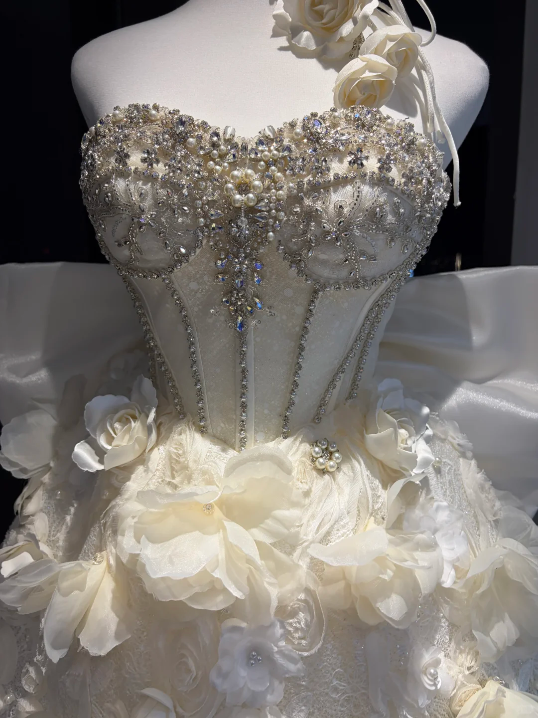 Ivory Strapless Short Corset Formal Gown 3D Floral Rhinestone Pearl Chain Homecoming Dress  NV6953