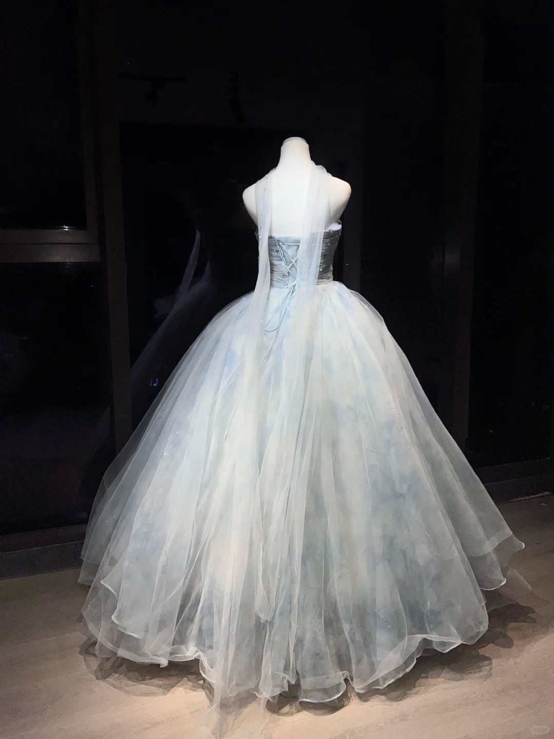 Dusty Blue Cloud Tulle Long Evening Gown Strapless Puffy Ball Gown Prom Dress with Cape  NV7077