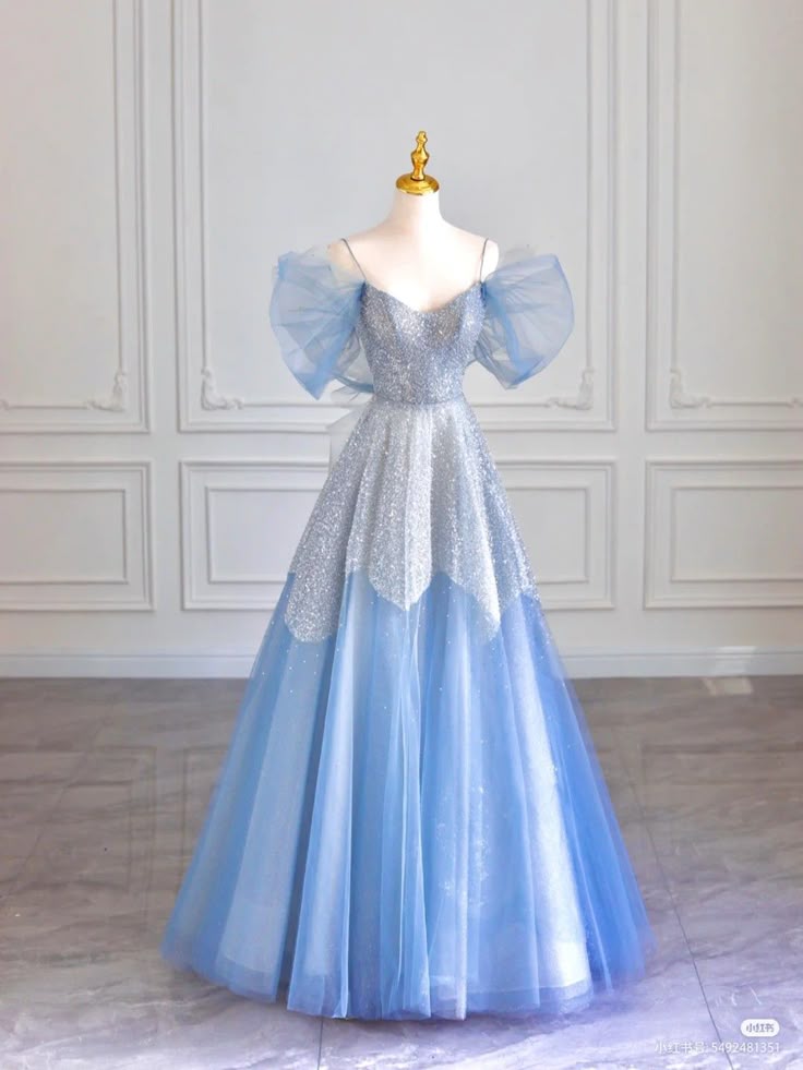Light blue shiny elegant sweetheart neckline spaghetti straps short sleeves long tulle sequined ball gown evening dress graduation dress nv3784