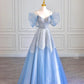Light blue shiny elegant sweetheart neckline spaghetti straps short sleeves long tulle sequined ball gown evening dress graduation dress nv3784