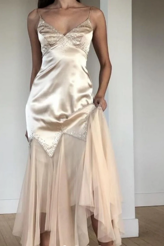 Champagne retro French elegant satin long Prom dress evening dress party dress wedding guest dress nv5359