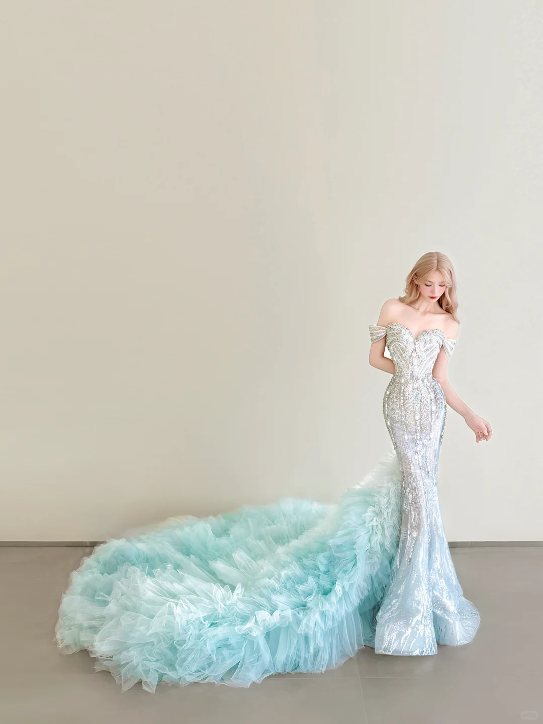 Mint Green Off Shoulder Mermaid Prom Gown Beaded Sequin Ruffled Tulle Train  NV7176