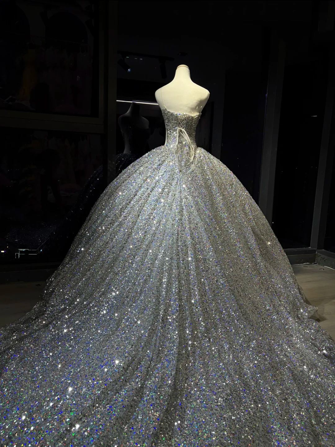 Silver Sparkly Sequin Ball Gown Strapless Voluminous Long Prom Dress  NV7080