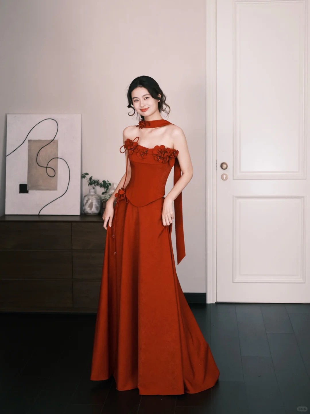 Strapless Red Boned Corset Prom Dress, Long A-Line Evening Gown with Handmade 3D Flowers  NV7325