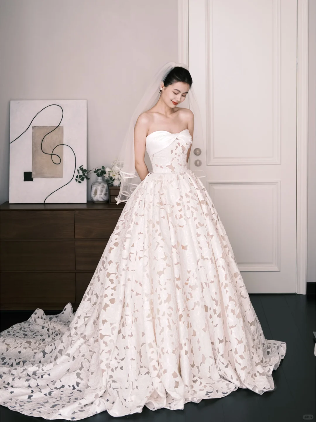 Strapless Lace A Line Wedding Dress Floral Cutout Long Train Bridal Gown  NV7207
