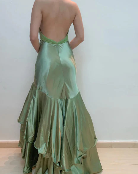 Grünes Vintage Perlenbesetztes langes Ballkleid Abendkleid nv2098