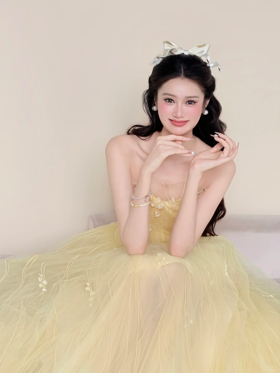 Strapless Pale Yellow Pearl Beaded Fairy Tulle Ball Gown Prom Dress  NV7422