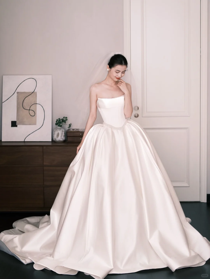 Strapless Pearl Trim Satin Ballgown Wedding Dress Bridal Gown  NV7268
