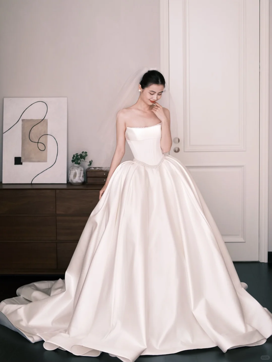 Strapless Pearl Trim Satin Ballgown Wedding Dress Bridal Gown  NV7268