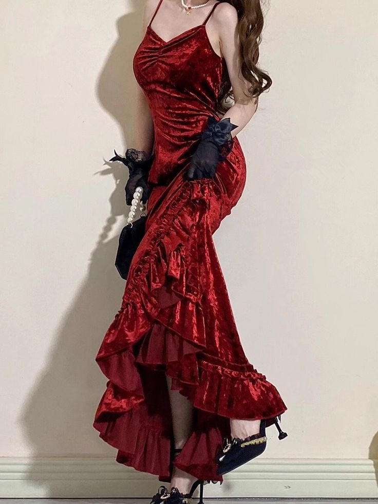 Beautiful Red Elegant Long Mermaid Slim Velvet Prom Dress nv4818